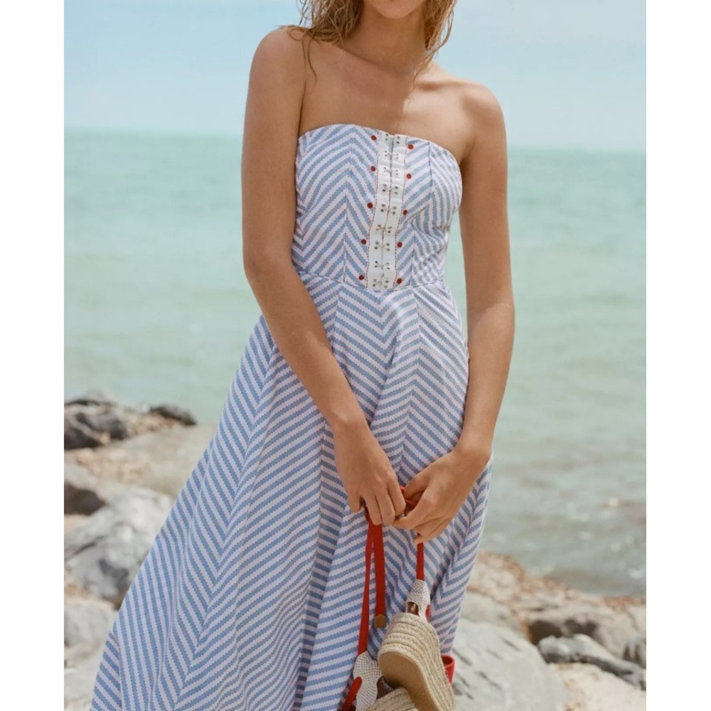 Maeve Strapless Blue and White Chevron Maxi Dress